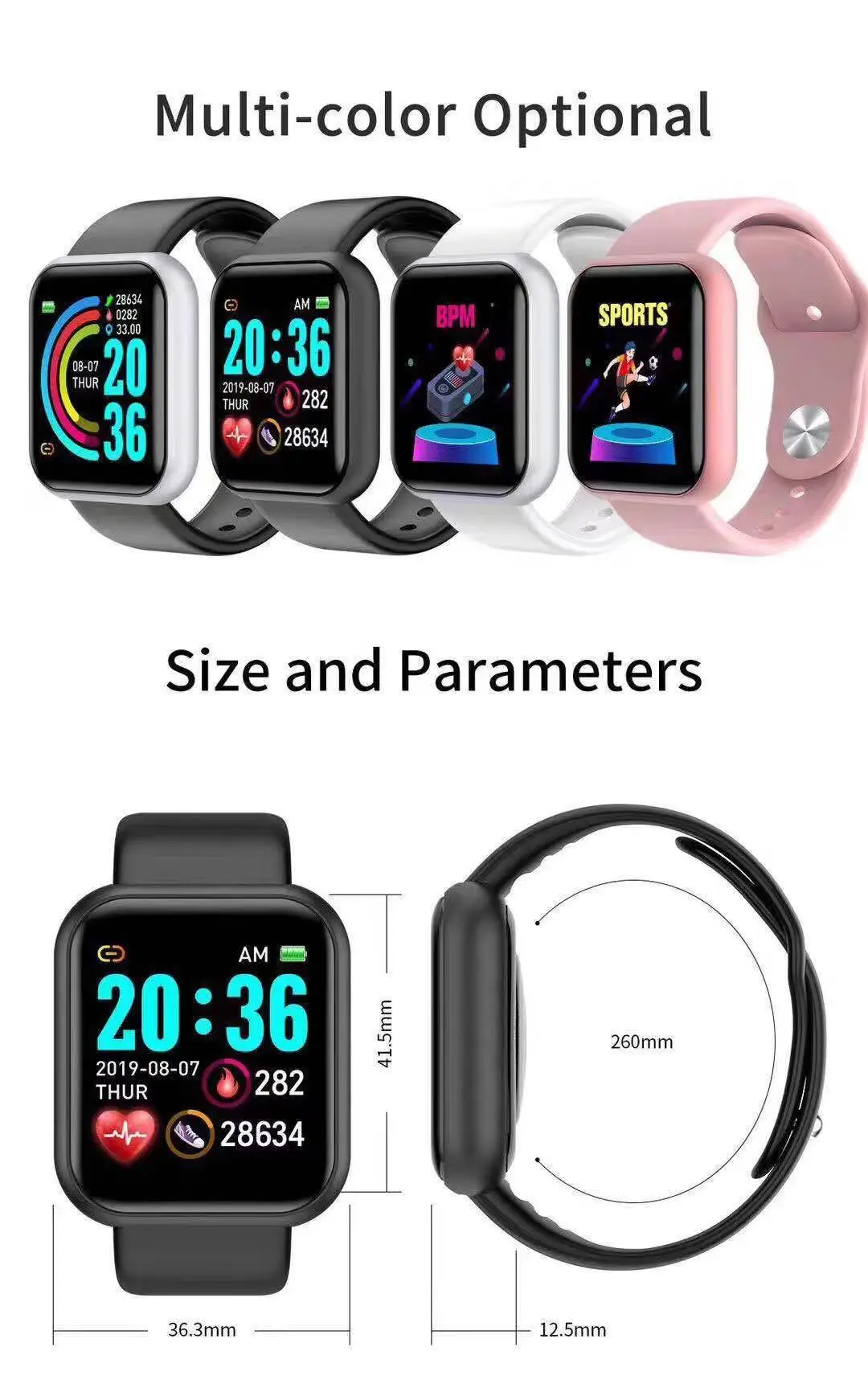 Watch Smart Y68 - D20 Proスマートウォッチ メンズ Y68スマートウォッチ、心拍数・血圧・睡眠モニター、Android iOS対応スポーツフィットネストラッカーブレスレット