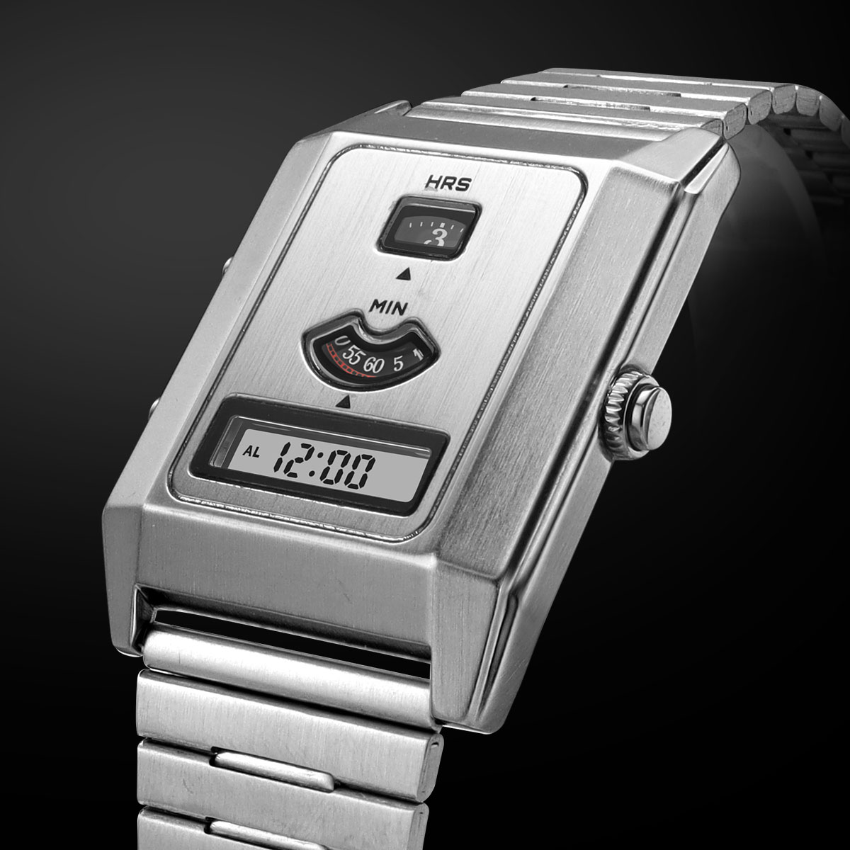 Vintage Digital Watch - ファッションクォーツ電子デュアルムーブメントメンズウォッチトリプルディスプレイバックライトアラームユニセックス腕時計ステンレススチールストラップ付き