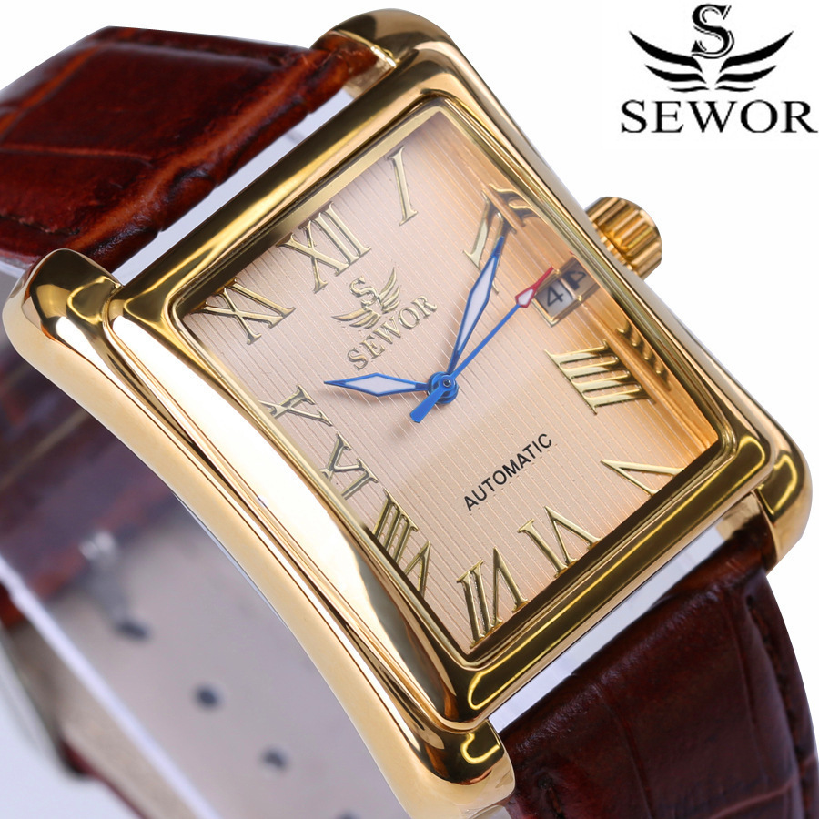 メンズ自動機械式腕時計、スクエア型ローマ数字文字盤、レザース - Smartwatch Watches Birthday Gift For Men のレビューと価格