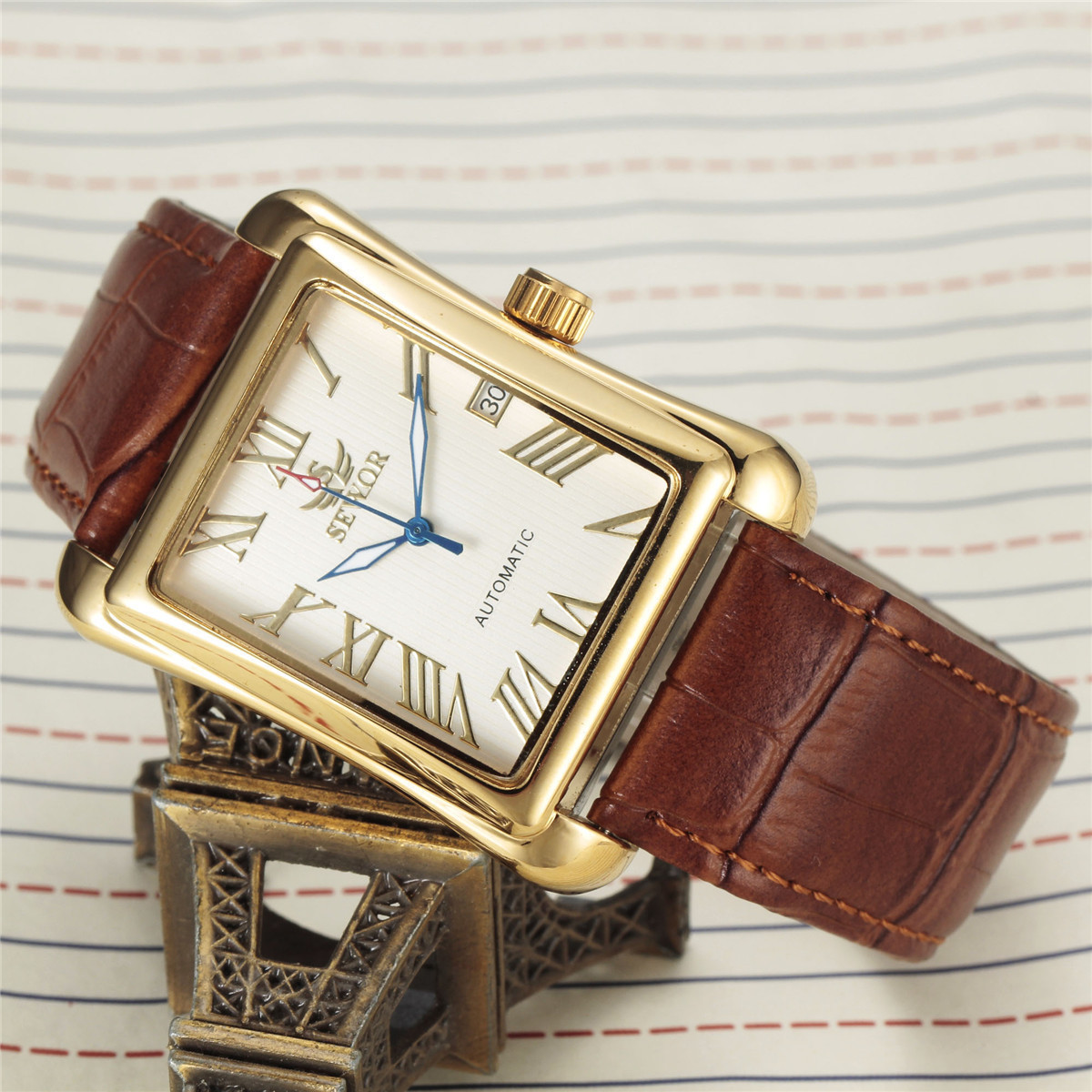 メンズ自動機械式腕時計、スクエア型ローマ数字文字盤、レザース - Smartwatch Watches Birthday Gift For Men のレビューと価格