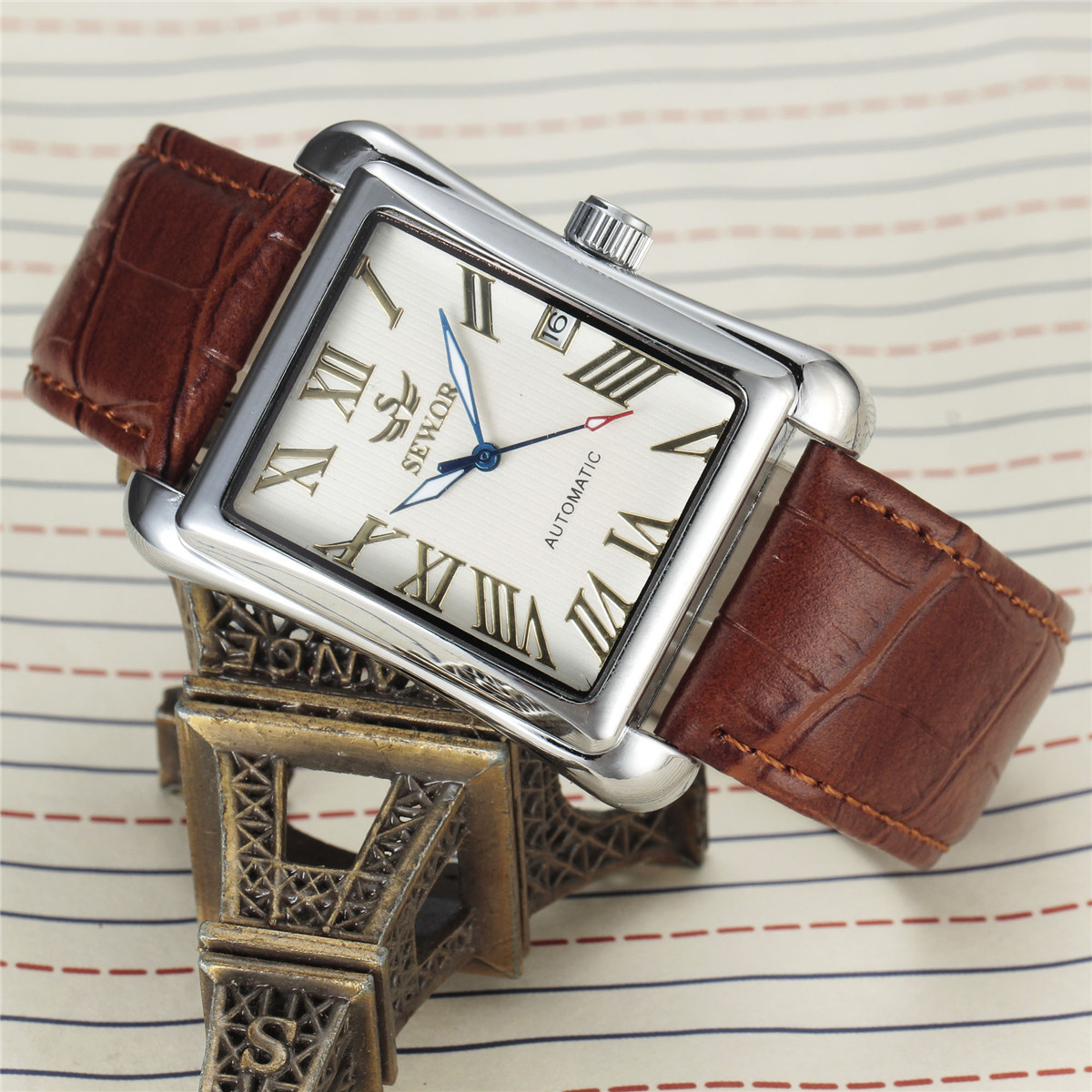 メンズ自動機械式腕時計、スクエア型ローマ数字文字盤、レザース - Smartwatch Watches Birthday Gift For Men のレビューと価格