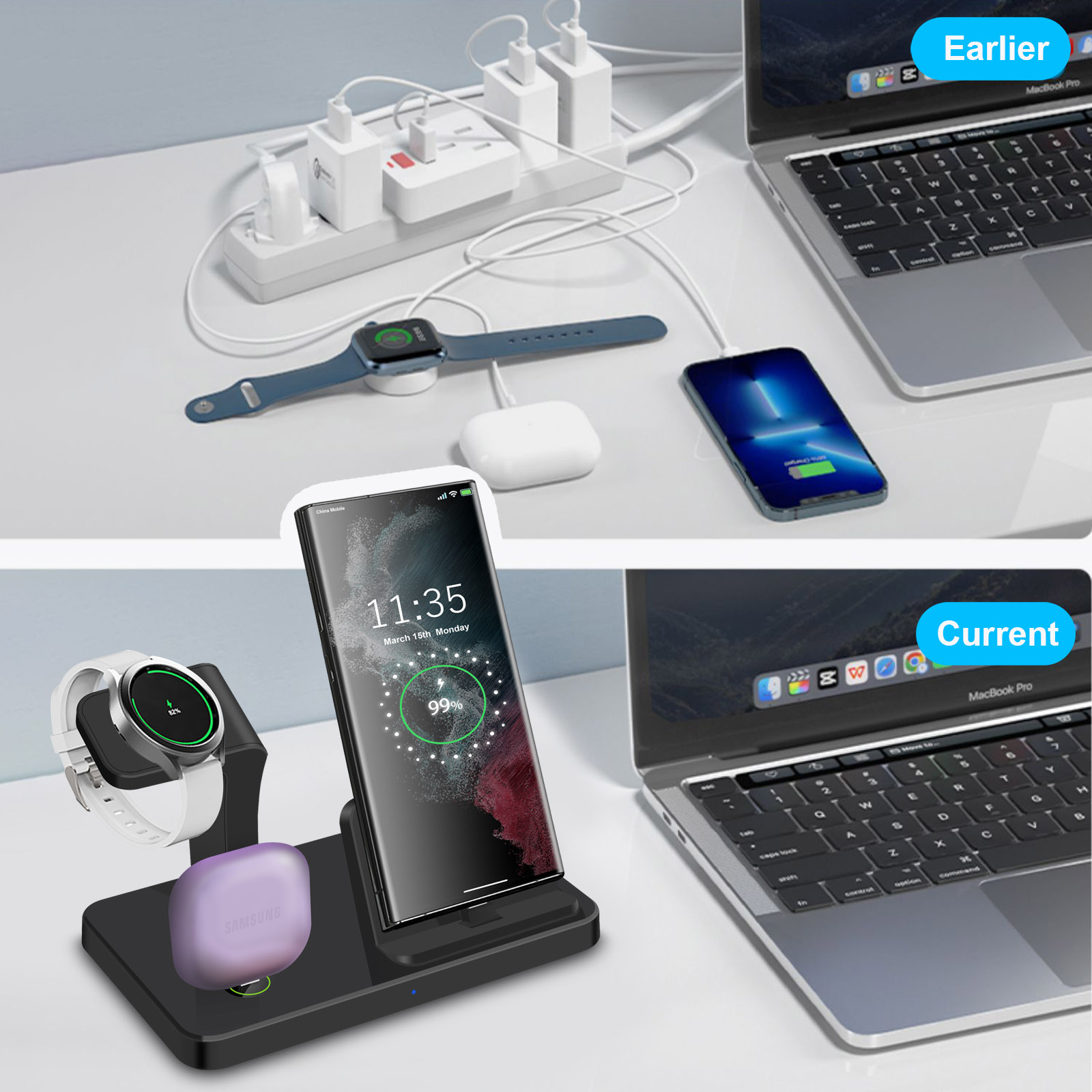 デスク用3-in-1 Type Cポートワイヤレス充電ドック - Watches Smartwatch Samsung のレビューと価格